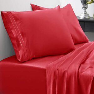 queen size bed sheets - breathable luxury sheets with full elastic & secure corner straps built in - 1800 supreme collection extra soft deep pocket bedding set, sheet set, queen, red