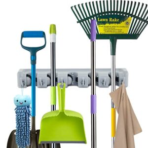 ForHauz Broom Holder with 5 Holding Positions & 6 Hooks, Easy Wall Mount Storage for Organizing Garage or Closet