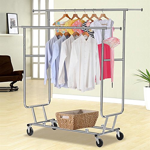 go2buy Commercial Clothing Garment Rolling Collapsible Rack Hanger Holder Double Rail