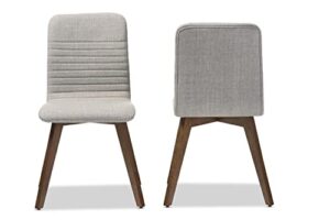 baxton studio 2 piece sugar scandinavian style fabric upholstered walnut dining chair set, light gray