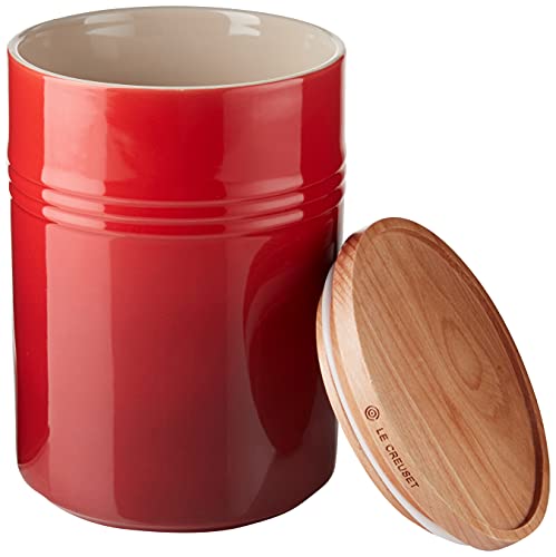 Le Creuset Stoneware Canister with Wood Lid, 2.5 qt. (5.5" diameter), Cerise