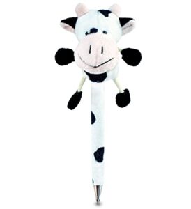 dollibu white cow plush pen - cute & soft farm life stuffed animal ballpoint novelty pen toy, writing pen instrument for cool stationery school & office desk decor accessories for kids & adults