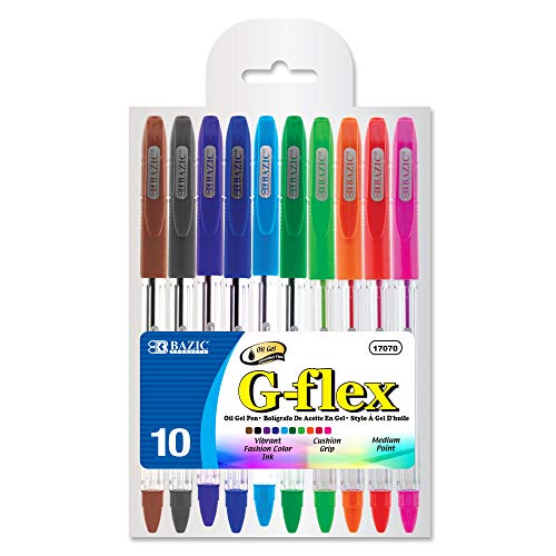 BAZIC Oil Gel Ink Pen, G-Flex Assorted 10 Color, 0.7 mm Medium Point, Soft Grip Smooth Writing, for Office School (10/Pack), 1-Pack