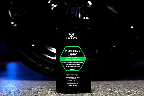 Trinova Tire Shine Spray No Wipe - Automotive Clear Coat Dressing for Wet & Slick Finish - Keeps Tires Black - with Rubber Protector - Prevents Fading & Yellowing - 18 OZ