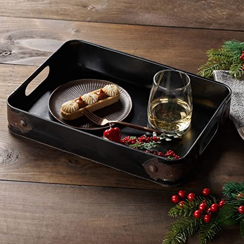 Stonebriar Rectangle Slate Metal Serving Tray with Rust Trim & Cutout Handles, Industrial Butler Tray, For Serving Drinks & Snacks, Centerpiece for Coffee Table, Document Organizer for Desk or Office