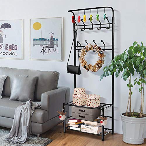 Yaheetech 3-in-1 Coat Rack Shoe Bench Entryway Hall Tree with 18 Hooks and 3-Tier Shoe Storage Bench, Metal Coat Hat Stand Rod for Hanging Jacket, Easy Assembly, Black