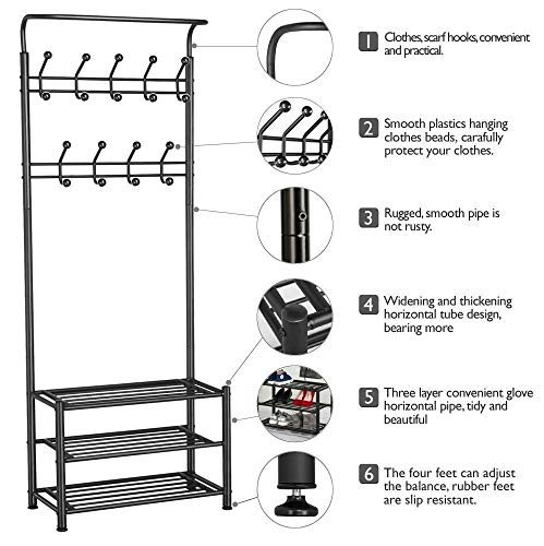 Yaheetech 3-in-1 Coat Rack Shoe Bench Entryway Hall Tree with 18 Hooks and 3-Tier Shoe Storage Bench, Metal Coat Hat Stand Rod for Hanging Jacket, Easy Assembly, Black