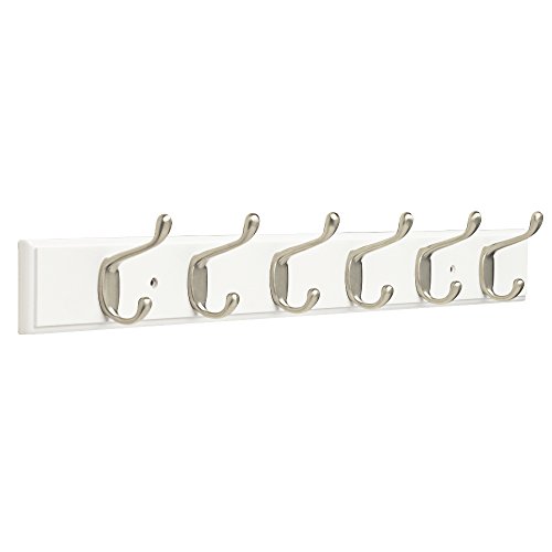 Franklin Brass Heavy Duty Hook Rail Wall Hooks 6 Hooks, 27 Inches, White & Satin Nickel Finish, FBHDCH6-WSE-R