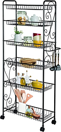 HLC 6 Tier Freestanding Metal Bathroom Kitchen Storage Shelf Rack with Wheels Black