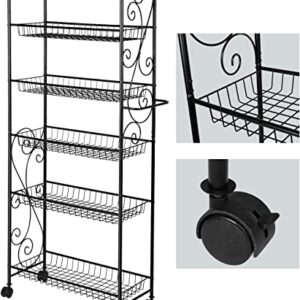 HLC 6 Tier Freestanding Metal Bathroom Kitchen Storage Shelf Rack with Wheels Black