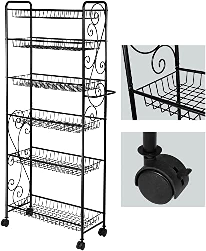 HLC 6 Tier Freestanding Metal Bathroom Kitchen Storage Shelf Rack with Wheels Black