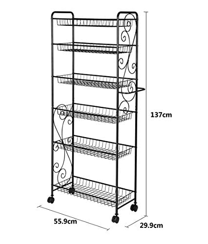 HLC 6 Tier Freestanding Metal Bathroom Kitchen Storage Shelf Rack with Wheels Black