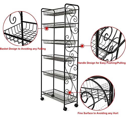 HLC 6 Tier Freestanding Metal Bathroom Kitchen Storage Shelf Rack with Wheels Black