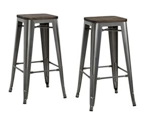 dhp fusion metal backless 30" barstool with wood seat, distressed metal finish for industrial appeal, set of two, antique gun metal