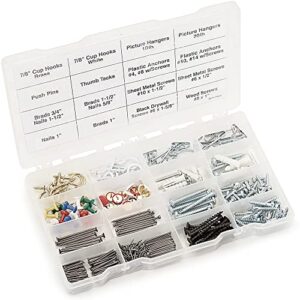 qualihome household repair and hanging kit: screws, nails, wall anchors, cup hooks, picture hangers, push pins, and more