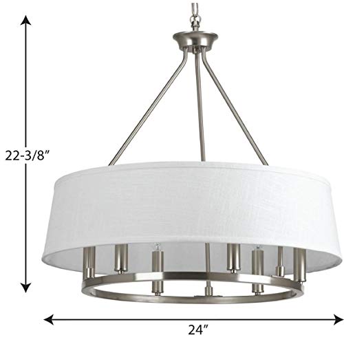 Cherish Collection 6-Light White Linen Shade Coastal Chandelier Light Brushed Nickel