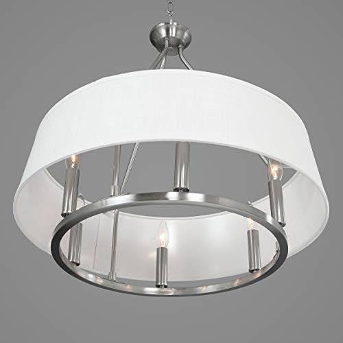 Cherish Collection 6-Light White Linen Shade Coastal Chandelier Light Brushed Nickel