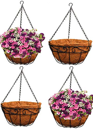 Ashman Metal Hanging Planter Basket with Coco Coir Liner Round Wire Plant Holder Chain Porch Decor Flower Pots Hanger Garden Decoration Indoor Outdoor Watering Hanging Baskets (4)