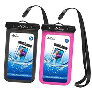 moko waterproof phone pouch holder 2pack, underwater cellphone case dry bag with lanyard armband compatible with iphone 14 13 12 11 pro max x/xr/xs/se 3, samsung s21/s10, black+magenta