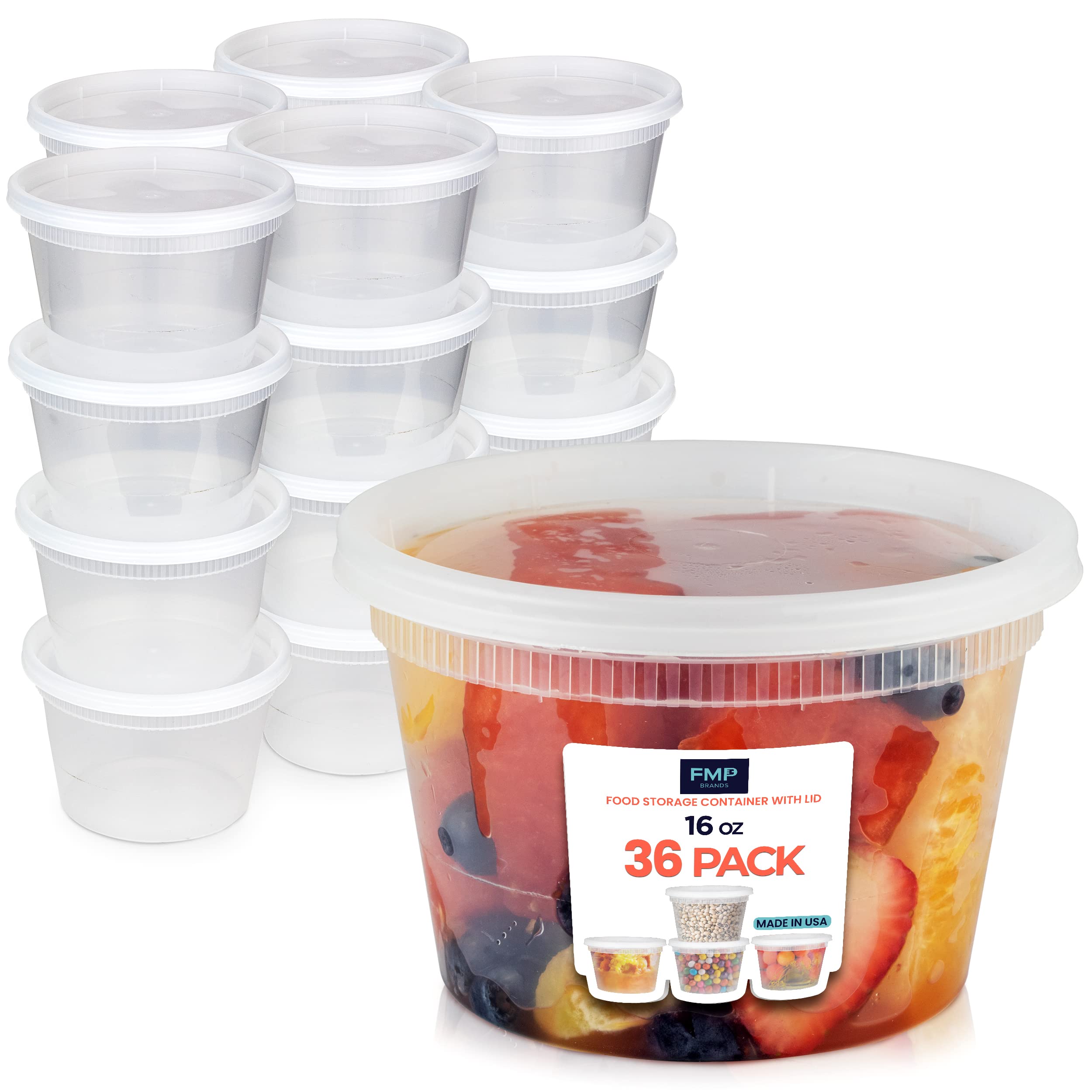 [36 Pack] Food Storage Containers with Lids, Round Plastic Deli Cups, US Made, 16 oz, Pint Size, Leak Proof, Airtight, Microwave & Dishwasher Safe, Stackable, Reusable, White