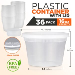 [36 Pack] Food Storage Containers with Lids, Round Plastic Deli Cups, US Made, 16 oz, Pint Size, Leak Proof, Airtight, Microwave & Dishwasher Safe, Stackable, Reusable, White