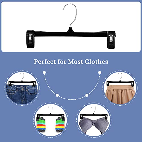 HOUSE DAY Black Pants Hangers, 12 Inch Skirt Hangers with Non-Slip Big Clips and 360° Swivel Hook, Heavy Duty Slim Plastic Pants Hangers, Space Saving Clip Hangers for Pants, Skirts, Shorts, 25 Pack