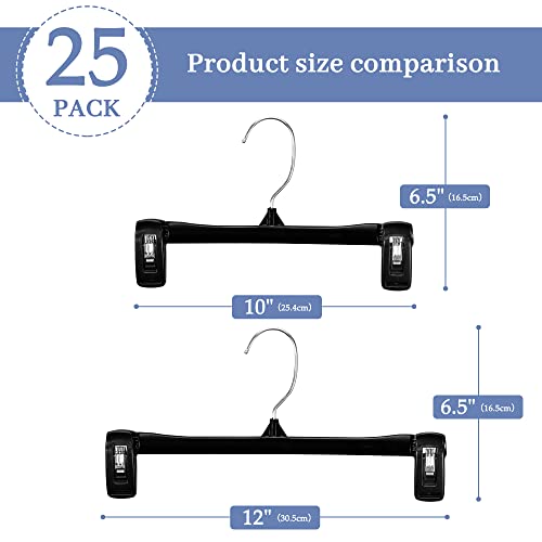 HOUSE DAY Black Pants Hangers, 12 Inch Skirt Hangers with Non-Slip Big Clips and 360° Swivel Hook, Heavy Duty Slim Plastic Pants Hangers, Space Saving Clip Hangers for Pants, Skirts, Shorts, 25 Pack