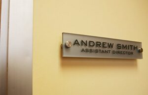 personalized office wall name plate sign. modern stainless steel legs (frosted silver)
