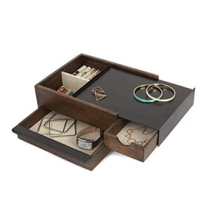 umbra stowit jewelry box-modern keepsake storage organizer with hidden compartment drawers for ring, bracelet, watch, necklace, earrings, and accessories, black/walnut