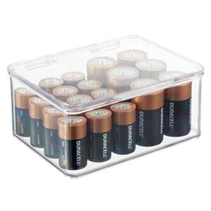 mDesign Plastic Small Stackable Divided Battery Storage Organizer Box with Hinged Lid for AA, AAA, C, D, 9 Volt Sizes, Great Storage for Kitchens, Home Offices, Lumiere Collection, Clear