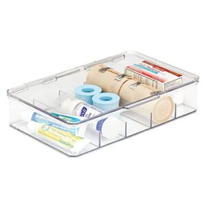 mdesign plastic divided first aid storage box kit with hinge lid for bathroom, cabinet, closet - organize medicine, ointments, adhesive bandages - 5 sections, ligne collection, clear