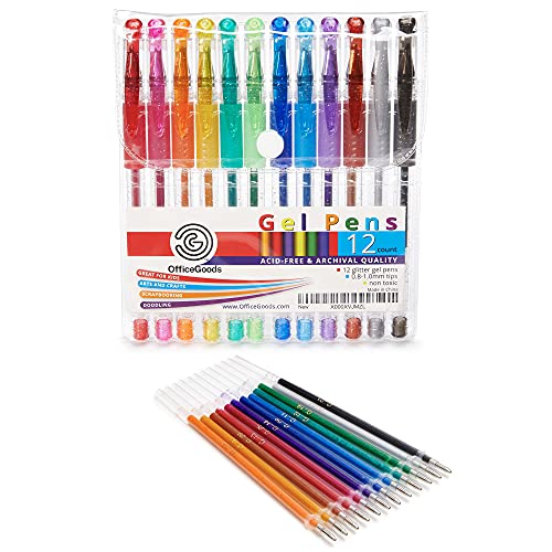 OfficeGoods Multicolor Gel Pens + Refills - 12 Premium Colors - Fast Drying Smudge Free - Metallic, Glitter Classic Coloring Ink - 0.8-1.0 mm Tips