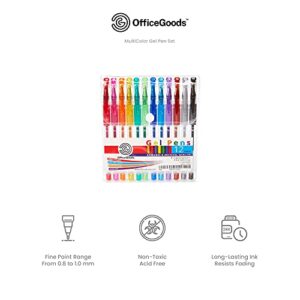 OfficeGoods Multicolor Gel Pens + Refills - 12 Premium Colors - Fast Drying Smudge Free - Metallic, Glitter Classic Coloring Ink - 0.8-1.0 mm Tips