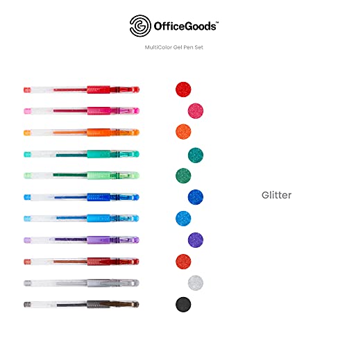 OfficeGoods Multicolor Gel Pens + Refills - 12 Premium Colors - Fast Drying Smudge Free - Metallic, Glitter Classic Coloring Ink - 0.8-1.0 mm Tips