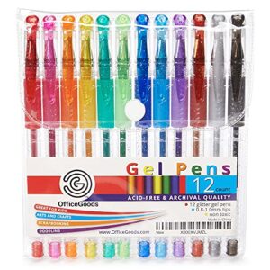 OfficeGoods Multicolor Gel Pens + Refills - 12 Premium Colors - Fast Drying Smudge Free - Metallic, Glitter Classic Coloring Ink - 0.8-1.0 mm Tips