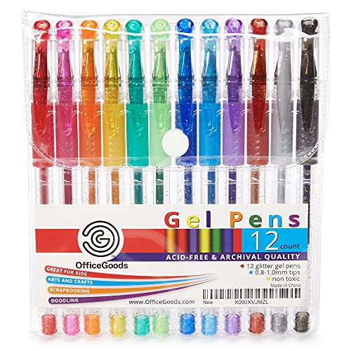 OfficeGoods Multicolor Gel Pens + Refills - 12 Premium Colors - Fast Drying Smudge Free - Metallic, Glitter Classic Coloring Ink - 0.8-1.0 mm Tips