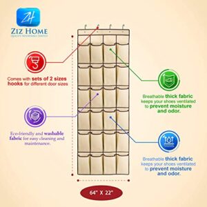 Ziz Home Over The Door Shoe Organizer | 24 Large Pockets with 4 Hooks | Heavy Duty Fabric | Hanging Shoe Rack Over The Door | Hanging Shoe Organizer for Closet Shoes Storage | Hang On Behind Back