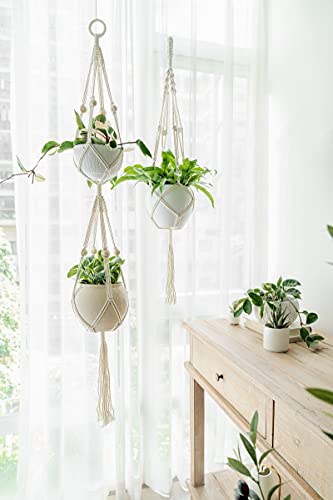 Mkono Macrame Plant Hanger Indoor Outdoor Hanging Planter Basket Cotton Rope 4 Legs 41 Inch