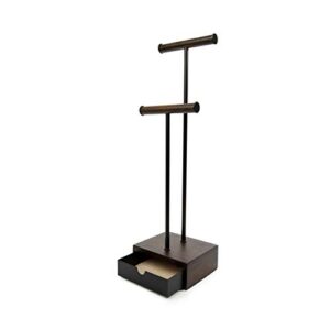 Umbra Pillar Jewelry Stand/Jewelry Organizer Walnut and Black Metal Jewelry Stand With Drawer, 6" Length x 5" Width x 21" Height