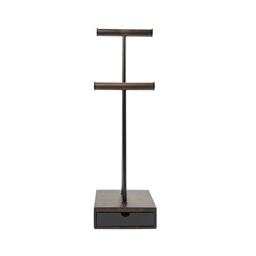 Umbra Pillar Jewelry Stand/Jewelry Organizer Walnut and Black Metal Jewelry Stand With Drawer, 6" Length x 5" Width x 21" Height