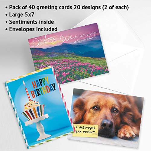 Current Mega Birthday Greeting Cards Value Pack – Set of 40 (20 Designs), Large 5 x 7 inches, Envelopes Included