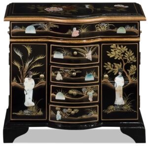 chinafurnitureonline wooden oriental jewelry chest, black lacquer chinoiserie with pearl maidens