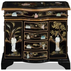 ChinaFurnitureOnline Wooden Oriental Jewelry Chest, Black Lacquer Chinoiserie with Pearl Maidens