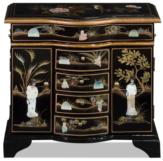 ChinaFurnitureOnline Wooden Oriental Jewelry Chest, Black Lacquer Chinoiserie with Pearl Maidens