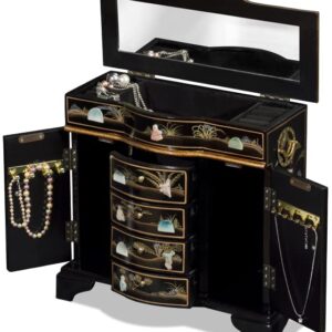 ChinaFurnitureOnline Wooden Oriental Jewelry Chest, Black Lacquer Chinoiserie with Pearl Maidens