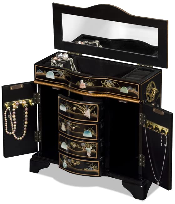 ChinaFurnitureOnline Wooden Oriental Jewelry Chest, Black Lacquer Chinoiserie with Pearl Maidens