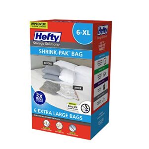 hefty shrink-pak – 6 extra large vacuum seal storage bags – space saver bags for clothing, pillows, towels, or blankets, 6 x xl bags