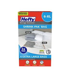 Hefty Shrink-Pak – 6 Extra Large Vacuum Seal Storage Bags – Space Saver Bags for Clothing, Pillows, Towels, or Blankets, 6 x XL Bags