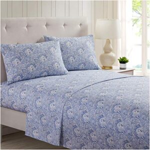 mellanni queen sheet set - 4 pc iconic collection bedding sheets & pillowcases - luxury, extra soft, cooling bed sheets - deep pocket up to 16" - wrinkle, fade, stain resistant (queen, paisley blue)