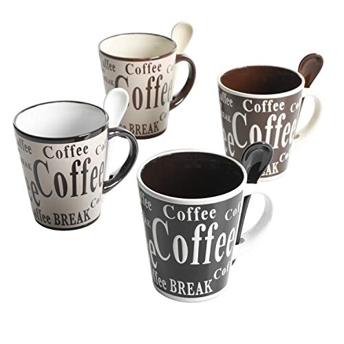 Mr. Coffee Bareggio Mug and Spoon Set, Café Americano, 8-Piece Mug and Spoon Set (14oz)